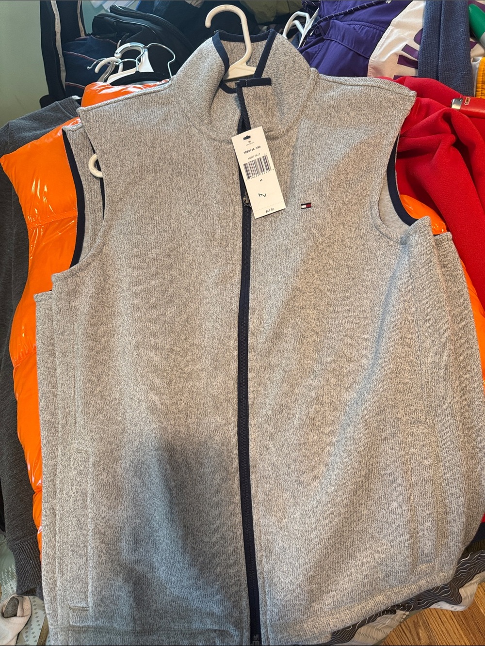 Tommy Hilfiger Light Gray Full-Zip Fleece Vest with Navy Trim